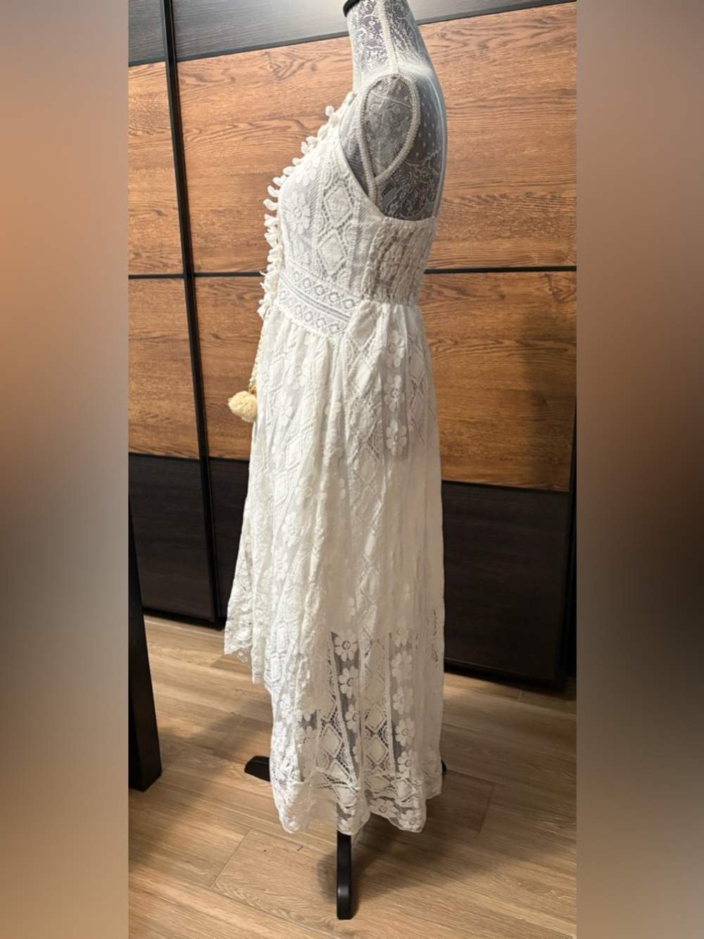 Women's Lace V-Neck Cream Maxi Dress with Pom Tie - Picture 5 of 6